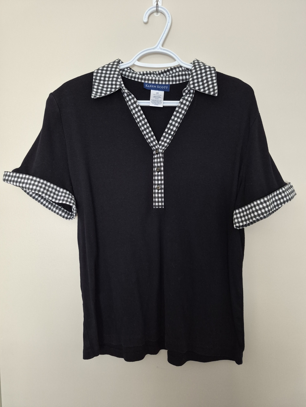 Karen Scott Black Polo with Black-and-White Gingham Trim